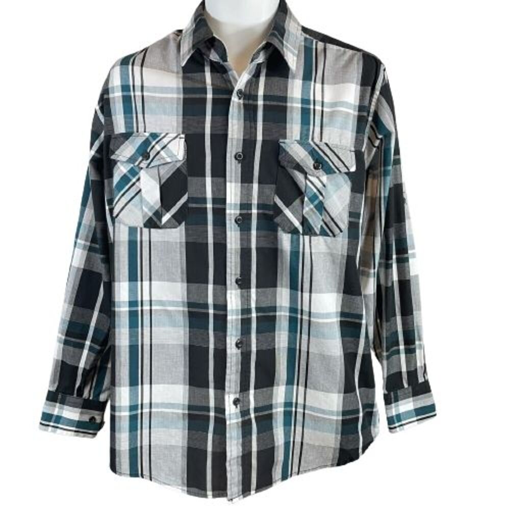 Beverly Hills Polo Club Men's M Medium Blue Plaid Button-Down Shirt Top